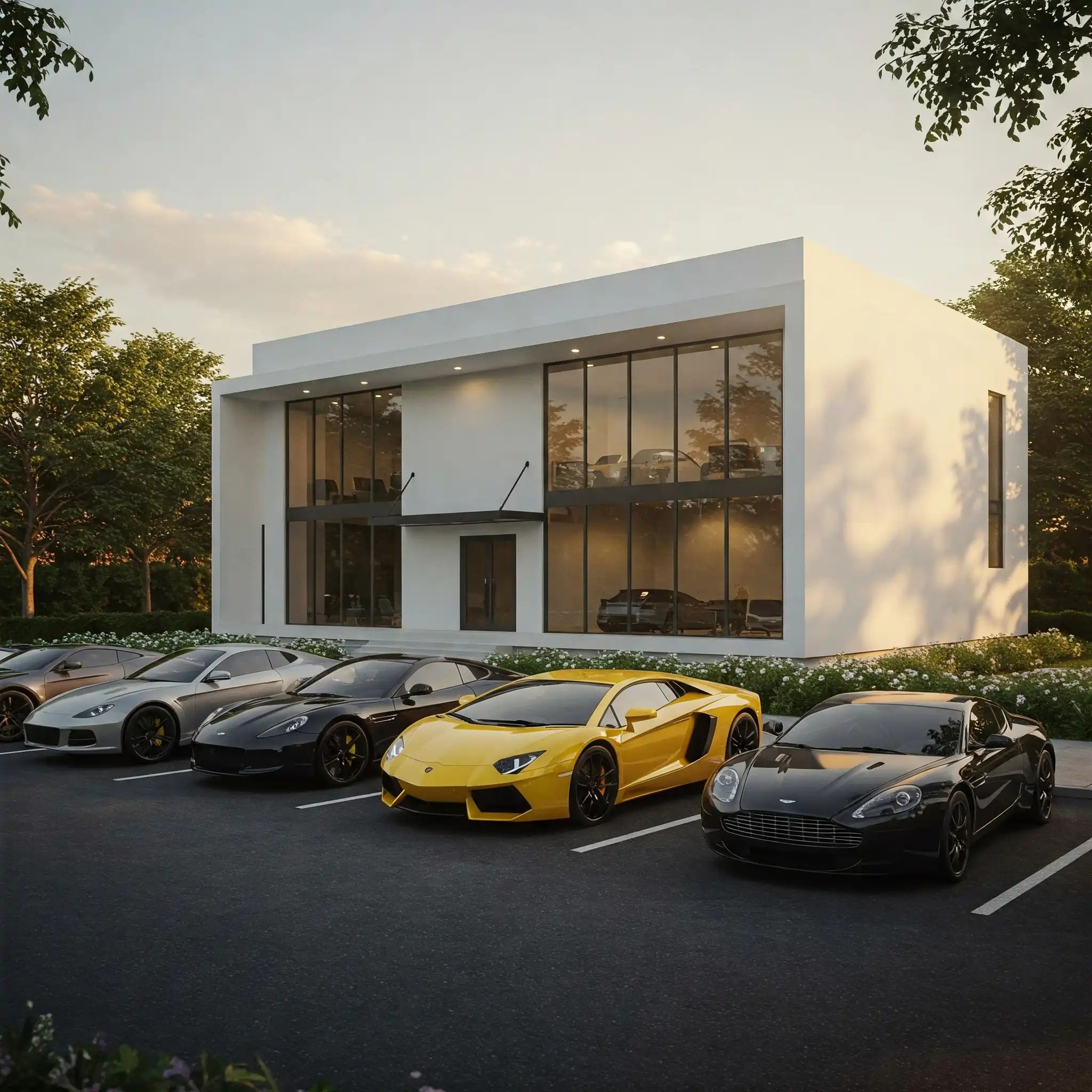Royal-Rides-Auto-Club premier facility. A lineup of luxury supercars including yellow Lamborghini Aventador, Aston Martin, and Porsche, with more visible inside a modern, white building