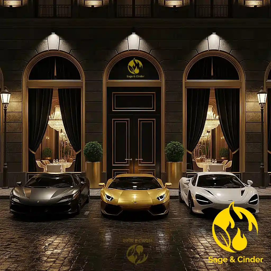 Sage & Cinder Fine Dining Exterior view of the luxurious restaurant entrance with three high-end sports cars parked outside, showcasing an opulent atmosphere