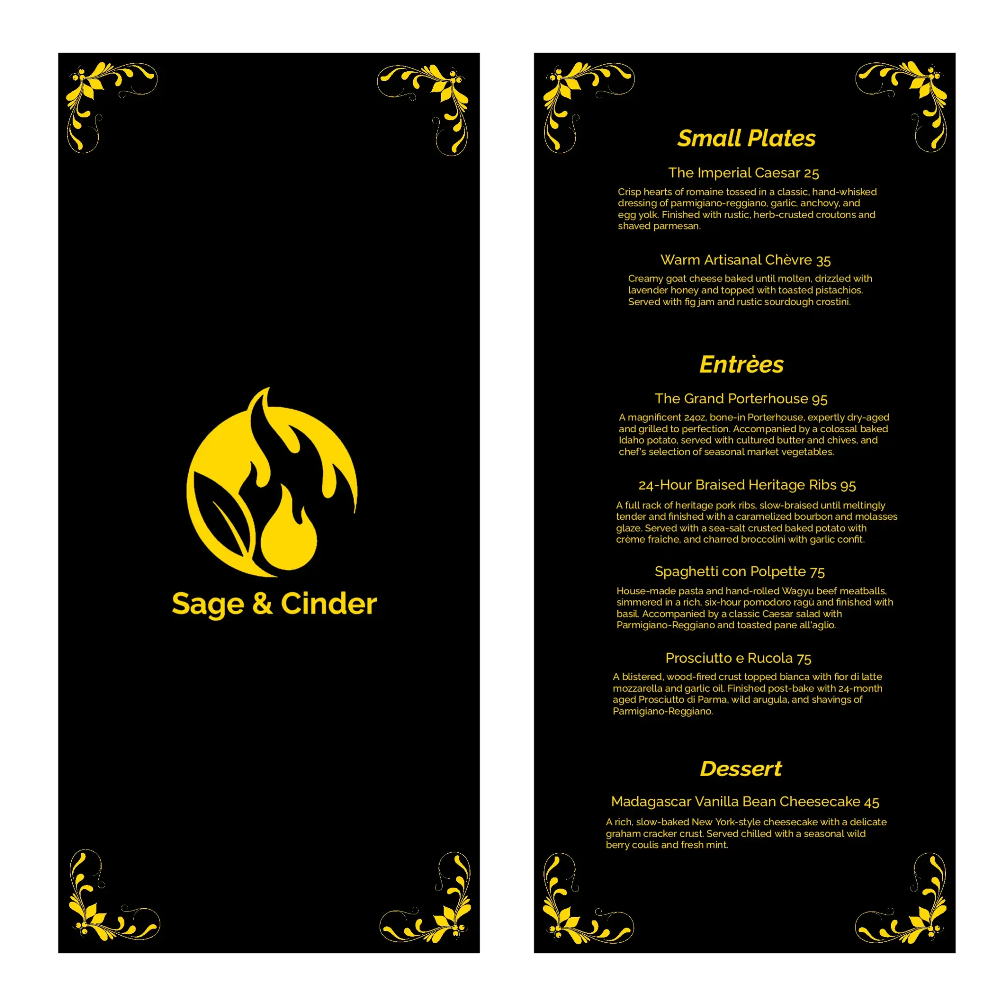 Sage & Cinder Fine Dining Restaurant Vancouver menu. Featured dishes include Imperial Caesar, Warm Artisanal Chèvre, Grand Porterhouse, Heritage Ribs, Wagyu Spaghetti.