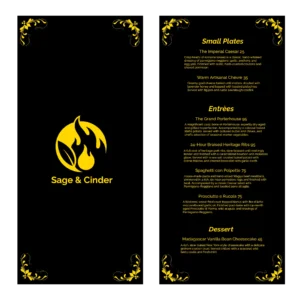 Sage & Cinder Fine Dining Restaurant Vancouver menu. Featured dishes include Imperial Caesar, Warm Artisanal Chèvre, Grand Porterhouse, Heritage Ribs, Wagyu Spaghetti.