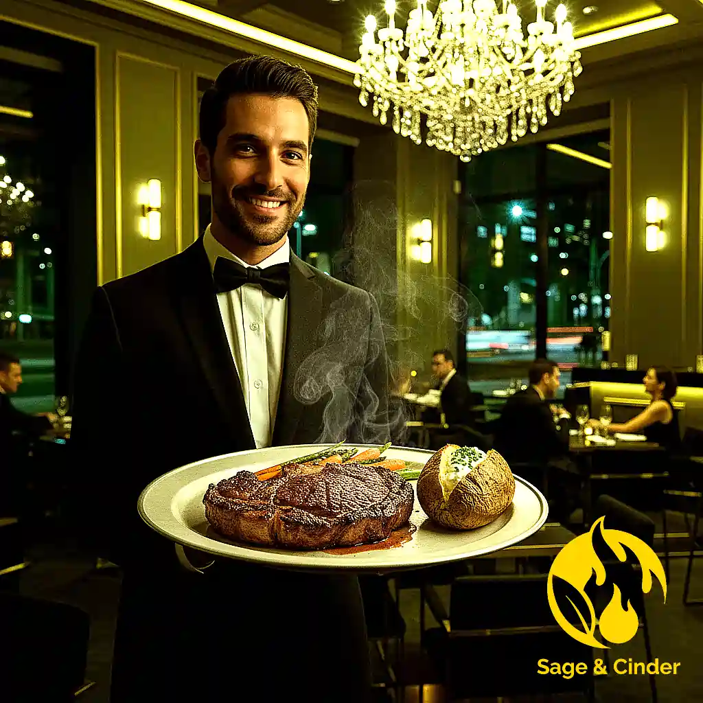 Sage & Cinder Fine Dining Smiling waiter serves a steaming, perfectly grilled steak with a baked potato and asparagus in an elegant restaurant. Exquisite dining