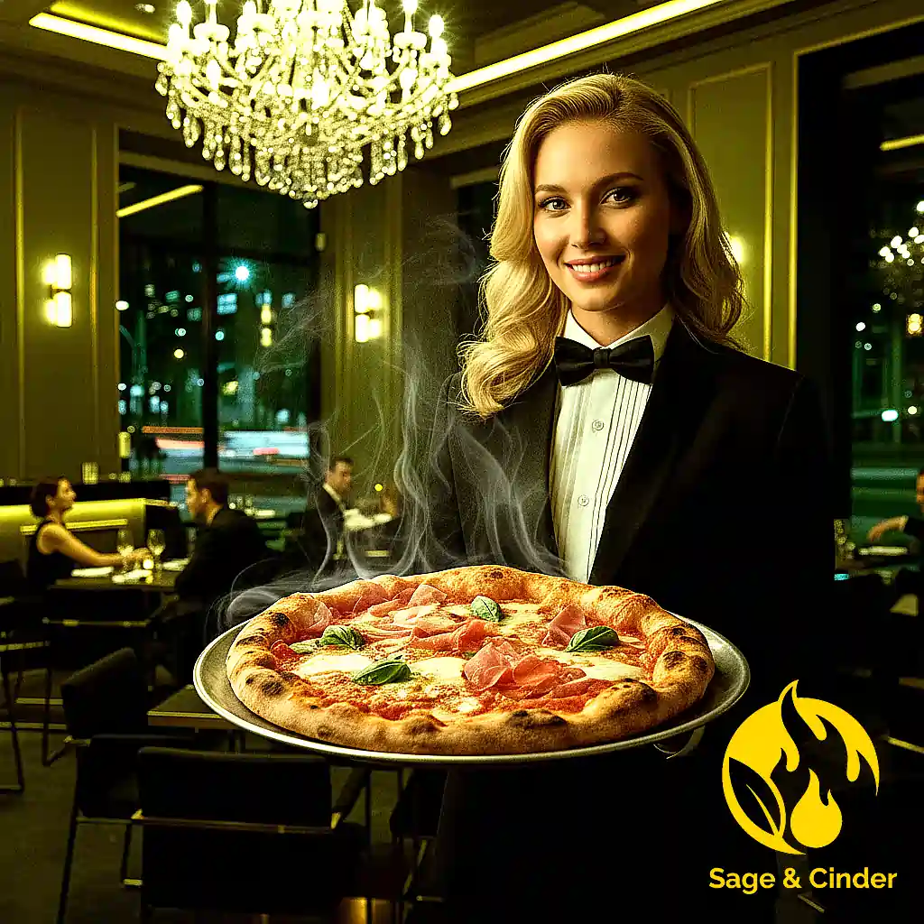 Sage & Cinder Fine Dining Smiling waitress serves a steaming, gourmet pizza with prosciutto and basil in an elegant restaurant setting. Perfect Italian cuisine