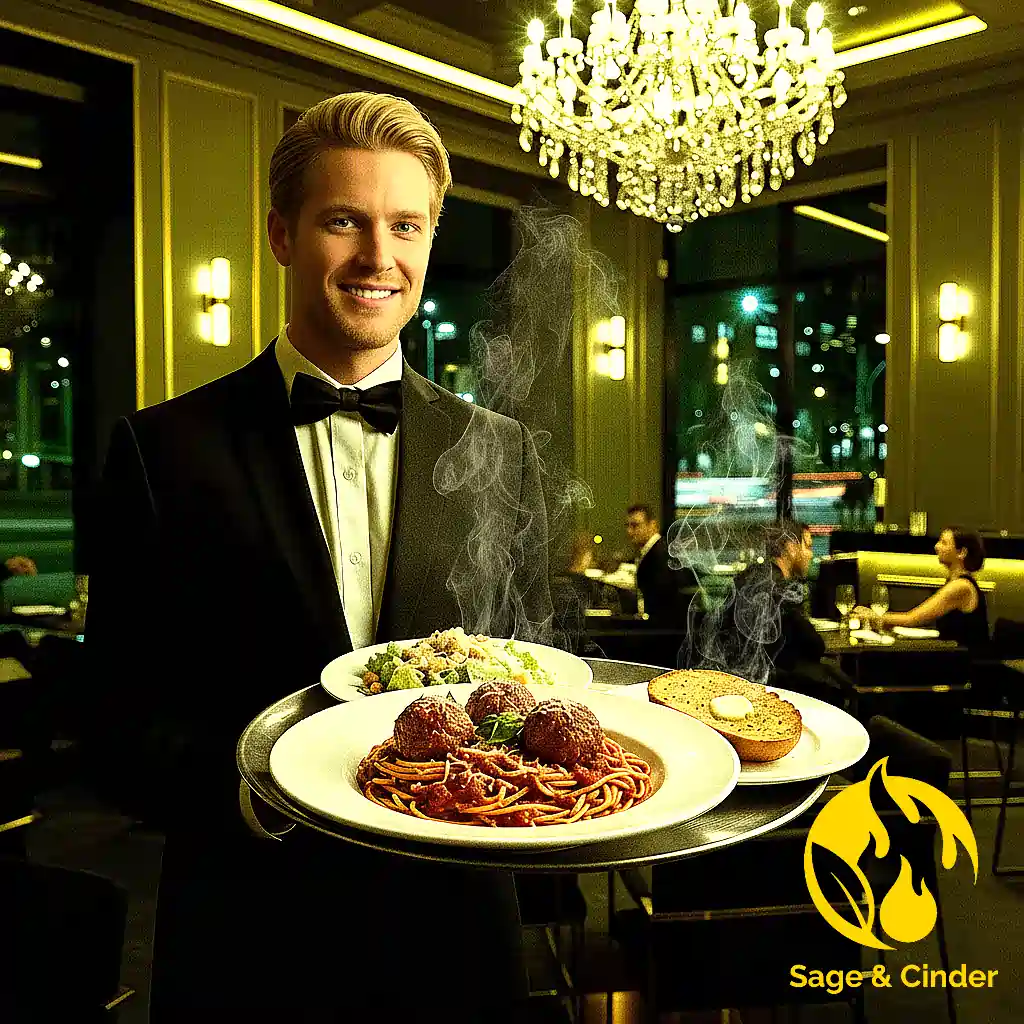Sage & Cinder Smiling waiter serves steaming spaghetti & meatballs, fresh salad, & garlic bread in an elegant restaurant. Perfect for fine Italian dining