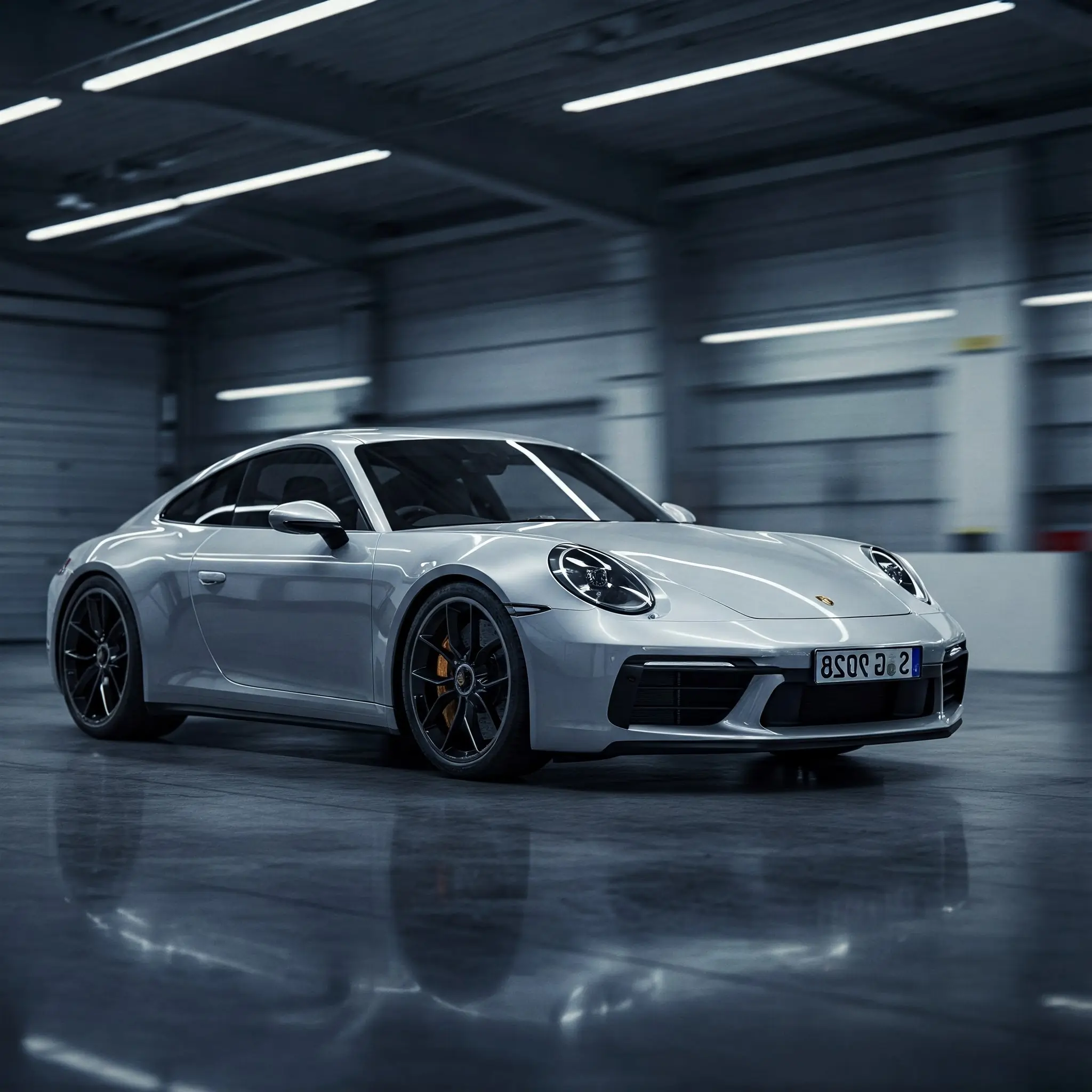 Silver Porsche 911 (992) luxury sports car in a high-tech facility, highlighting Elite Exotics Car Club's curated collection of premium exotic vehicles for discerning enthusiasts