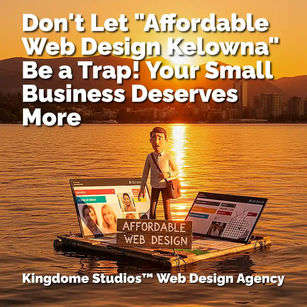 Small business owner on flimsy Affordable Web Design Kelowna raft on Okanagan Lake at sunrise. Warns against cheap web design traps. Kingdome Studios Web Design Agency