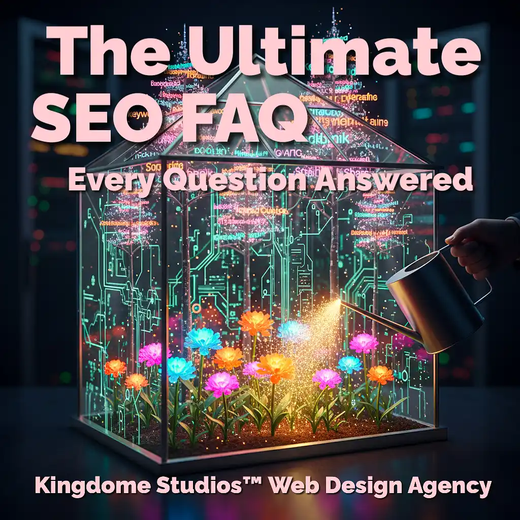 The Ultimate SEO FAQ Every Question Answered. A digital greenhouse grows keyword trees and traffic flowers, symbolizing SEO strategy. Promoting Kingdom Studios Web Design Agency