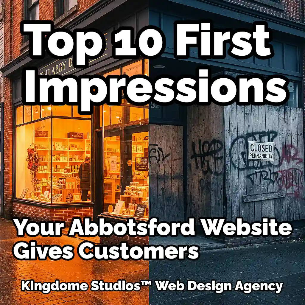 Top 10 First Impressions Abbotsford website comparison - vibrant, inviting 'Abby Boutique' vs. a 'closed, boarded-up' shop, highlighting local web design impact