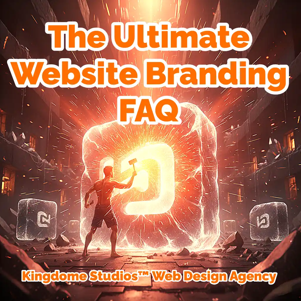 Ultimate Branding FAQ A sculptor chisels a glowing brand logo from ice in a dramatic quarry, representing the creation and refinement of a powerful brand identity