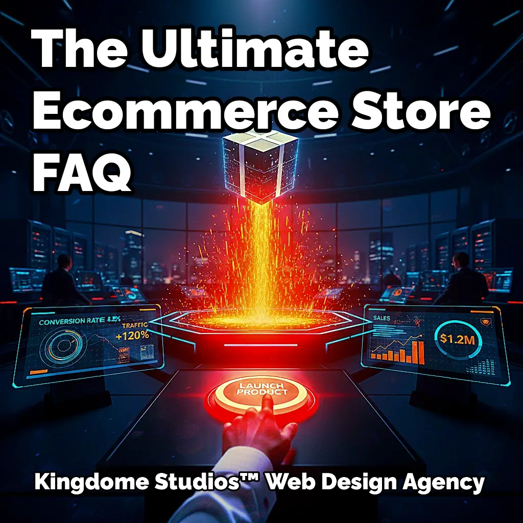 Ultimate Ecommerce Store FAQ page header. A futuristic control room with a product launching, vibrant orange sparks, and performance metrics, promoting Kingdom Studios Web Design Agency