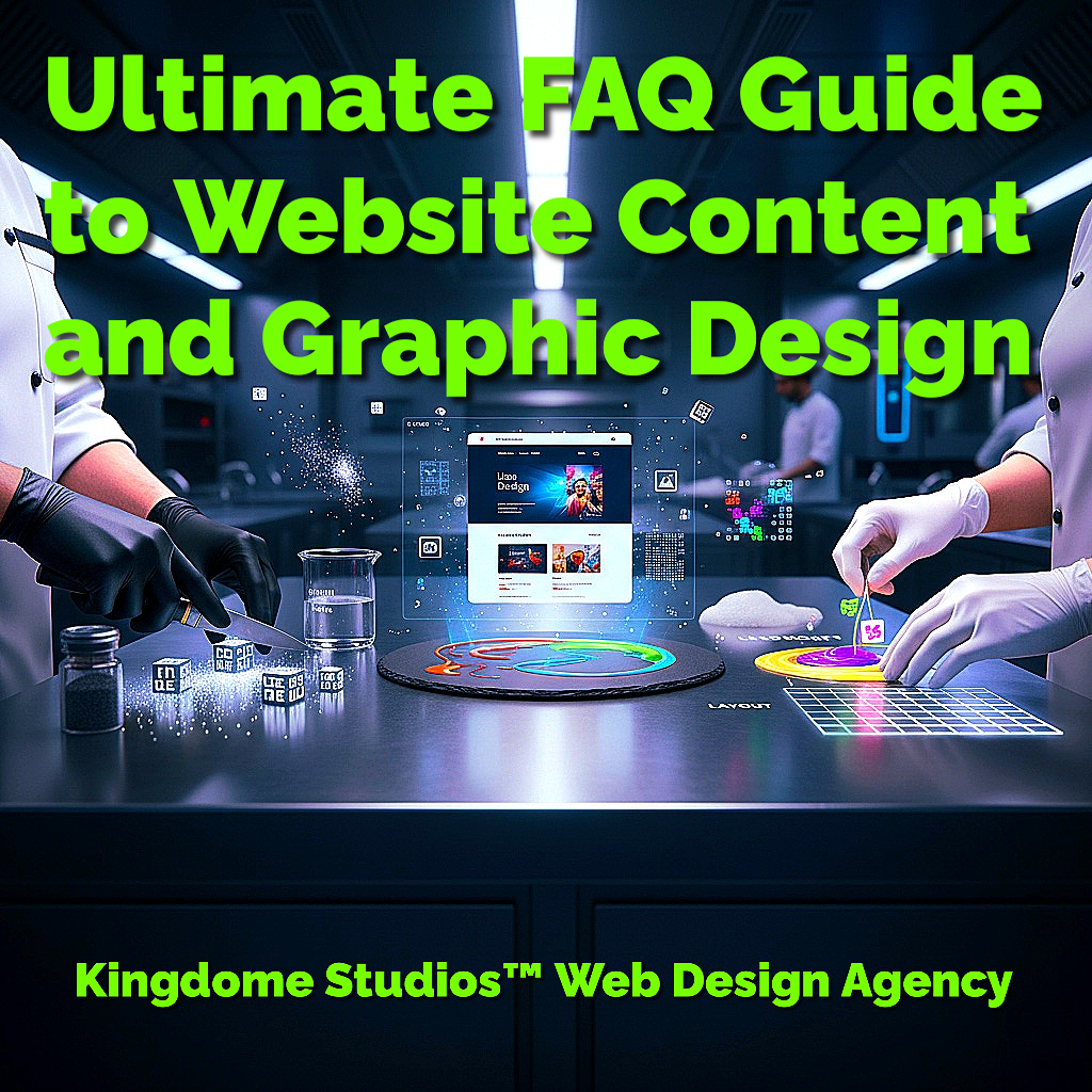 Ultimate FAQ Guide to Website Content and Graphic Design. Chefs in a futuristic kitchen meticulously blend digital text and vibrant design elements, promoting Kingdom Studios Web Design Agency