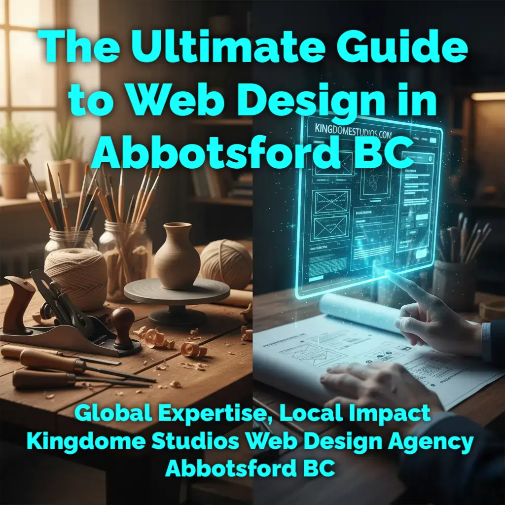 Ultimate Guide to Web Design in Abbotsford BC by Kingdome Studios. Artisan tools and a digital web blueprint symbolize our blend of local craftsmanship with global expertise