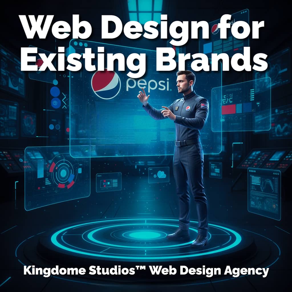 Web Design for Existing Brands. A professional interacts with a holographic Pepsi logo & website wireframe in a futuristic studio, showcasing brand modernization by Kingdom Studios Web Design Agency