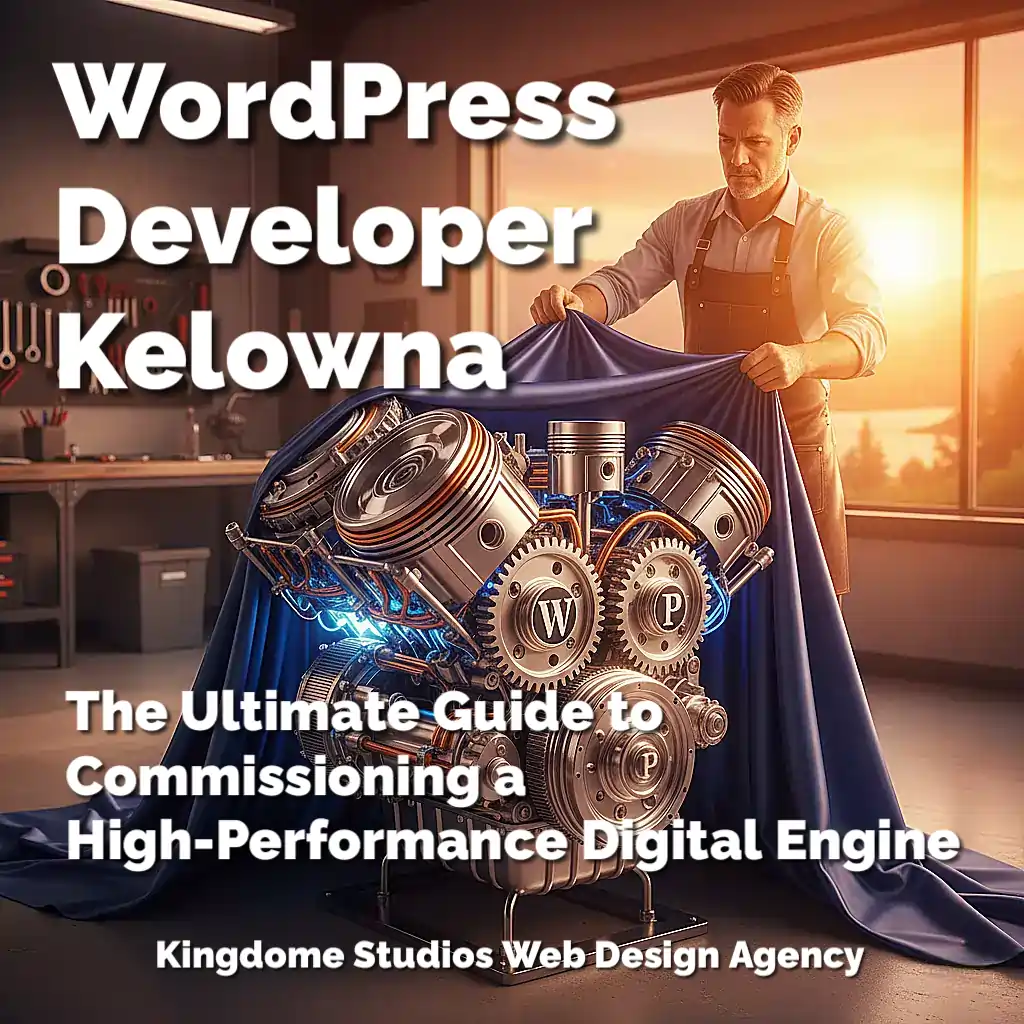 WordPress Developer Kelowna HD photo of a high-performance engine being unveiled in a clean workshop with a vibrant orange sunrise over the Kelowna mountains, illustrating premium development
