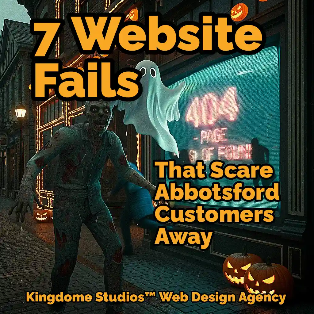 Zombie, ghost, and jack-o'-lanterns haunt a storefront with a '404' error, illustrating 7 website fails scaring abbotsford customers away for local businesses