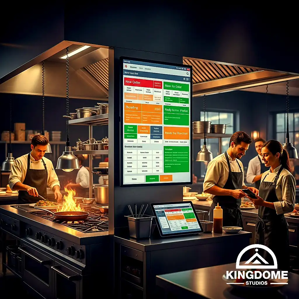 A busy commercial kitchen with a digital order management screen, streamlining operations through the Best Restaurant Website Design Company in Halifax, Nova Scotia