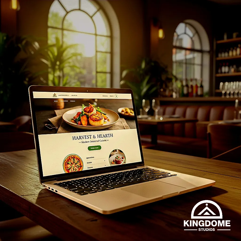 A laptop on a restaurant table showcasing a custom-designed website with online ordering, representing the best restaurant website design in Abbotsford for modern eateries