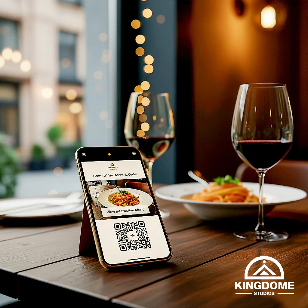 A phone on a restaurant table displaying a QR code menu for easy ordering, showcasing a modern feature of the best restaurant website design in Abbotsford