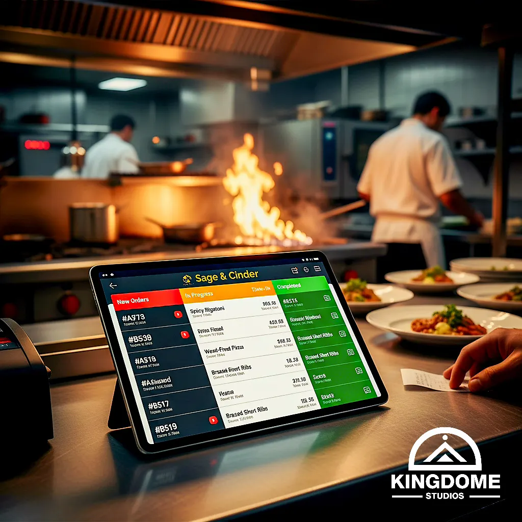 A tablet showing a live kitchen order dashboard, a feature of the best restaurant website design in Abbotsford, set against a bustling restaurant kitchen