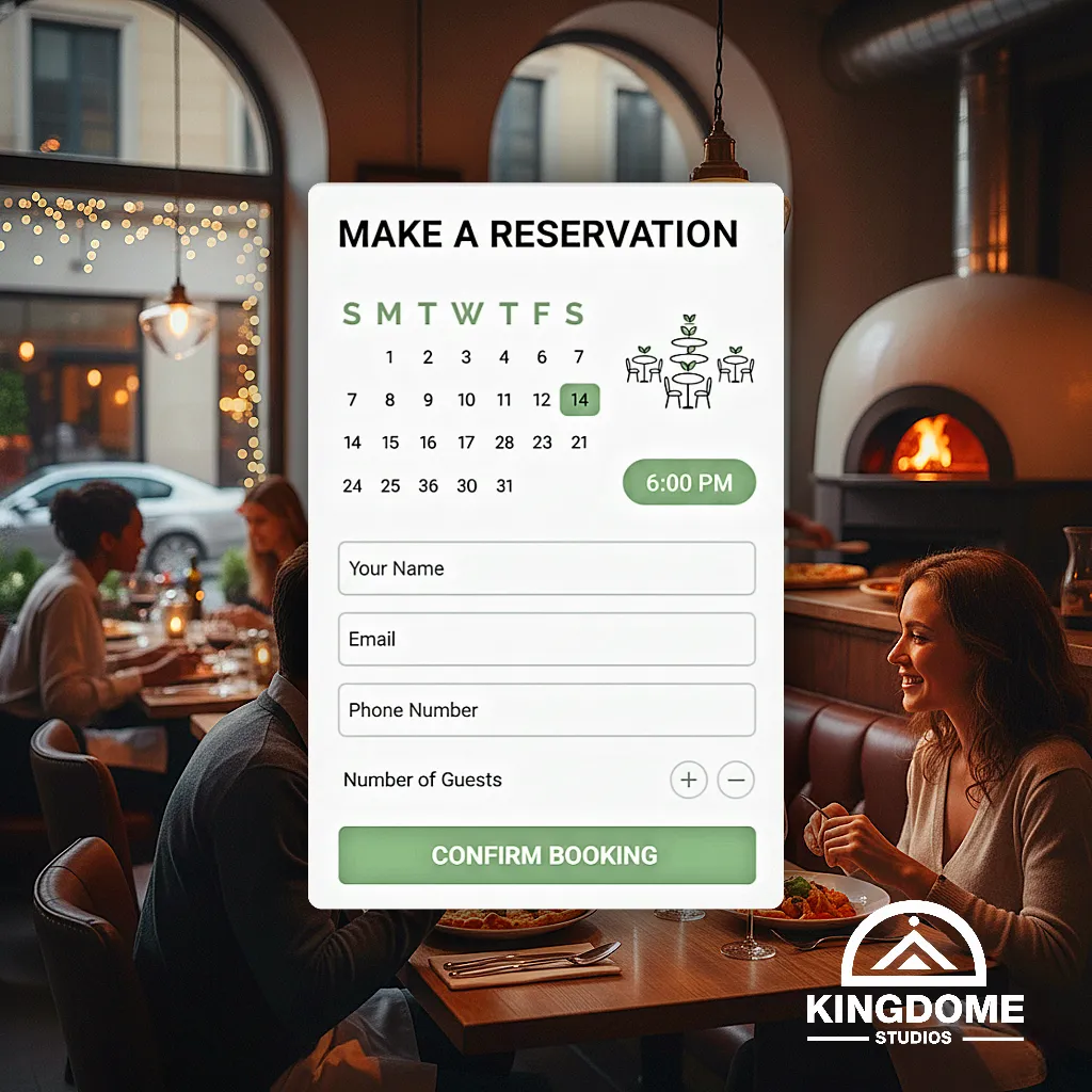 An online reservation form overlaid on a bustling pizza restaurant, demonstrating a seamless booking feature of the best restaurant website design in Abbotsford