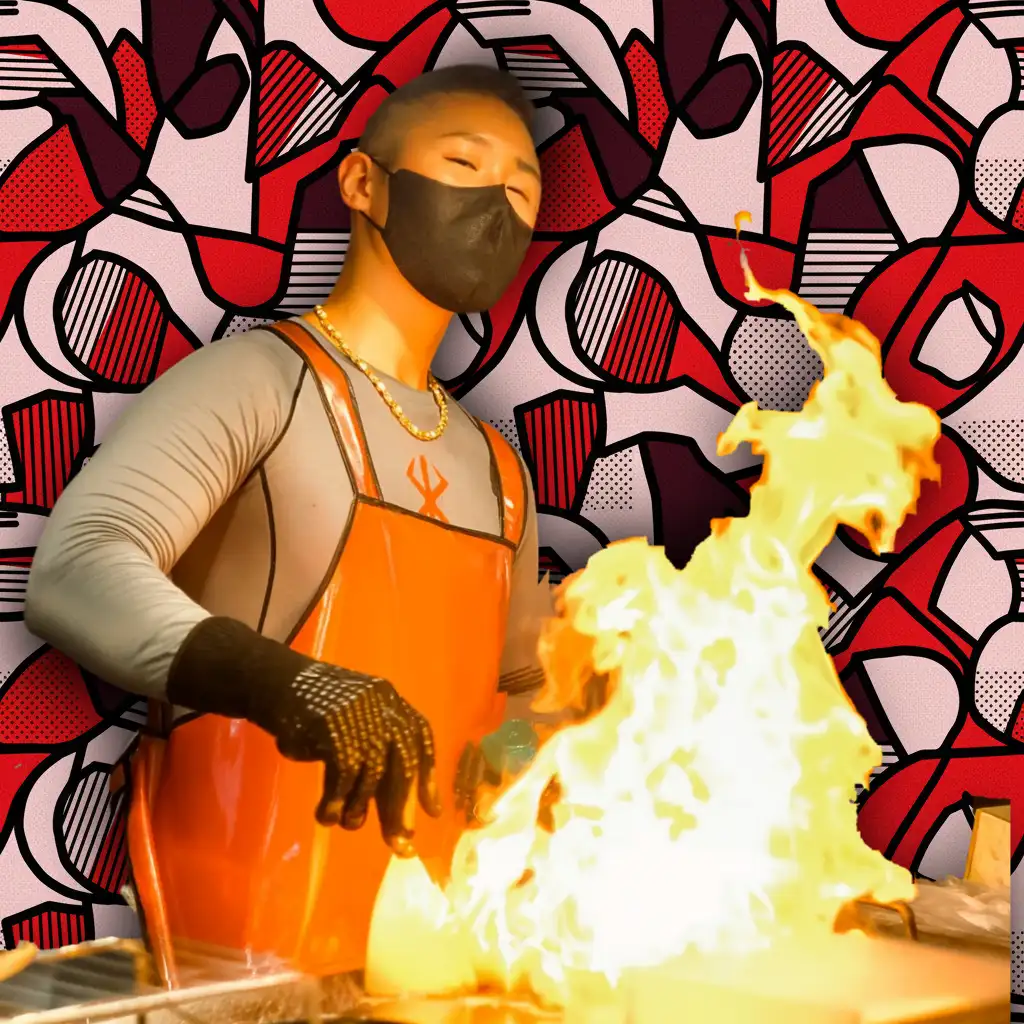 Best Restaurant Website Design Kelowna A chef in a mask and orange apron cooks with a large burst of flame on a grill, set against a modern red art background