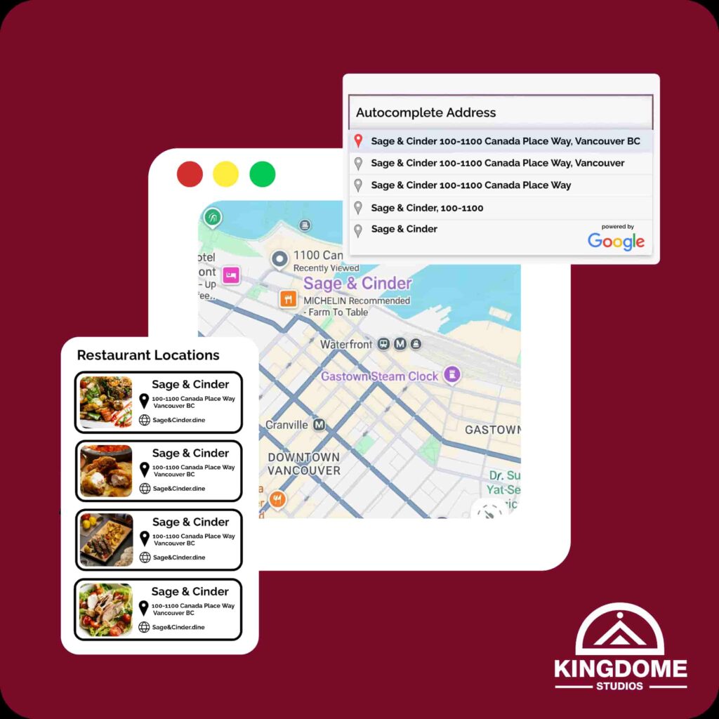 Best Restaurant Website Design Kelowna example showing map, autocomplete address, and multiple restaurant location listings for Sage & Cinder