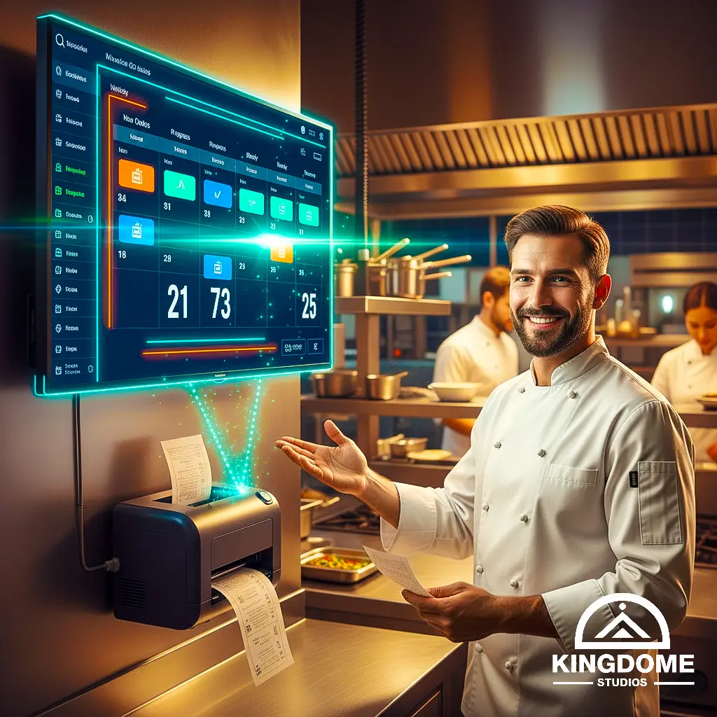 Best Restaurant Website Design in Victoria BC A chef in a modern kitchen demonstrates a glowing digital live order management screen and an automated printer efficiently processing orders