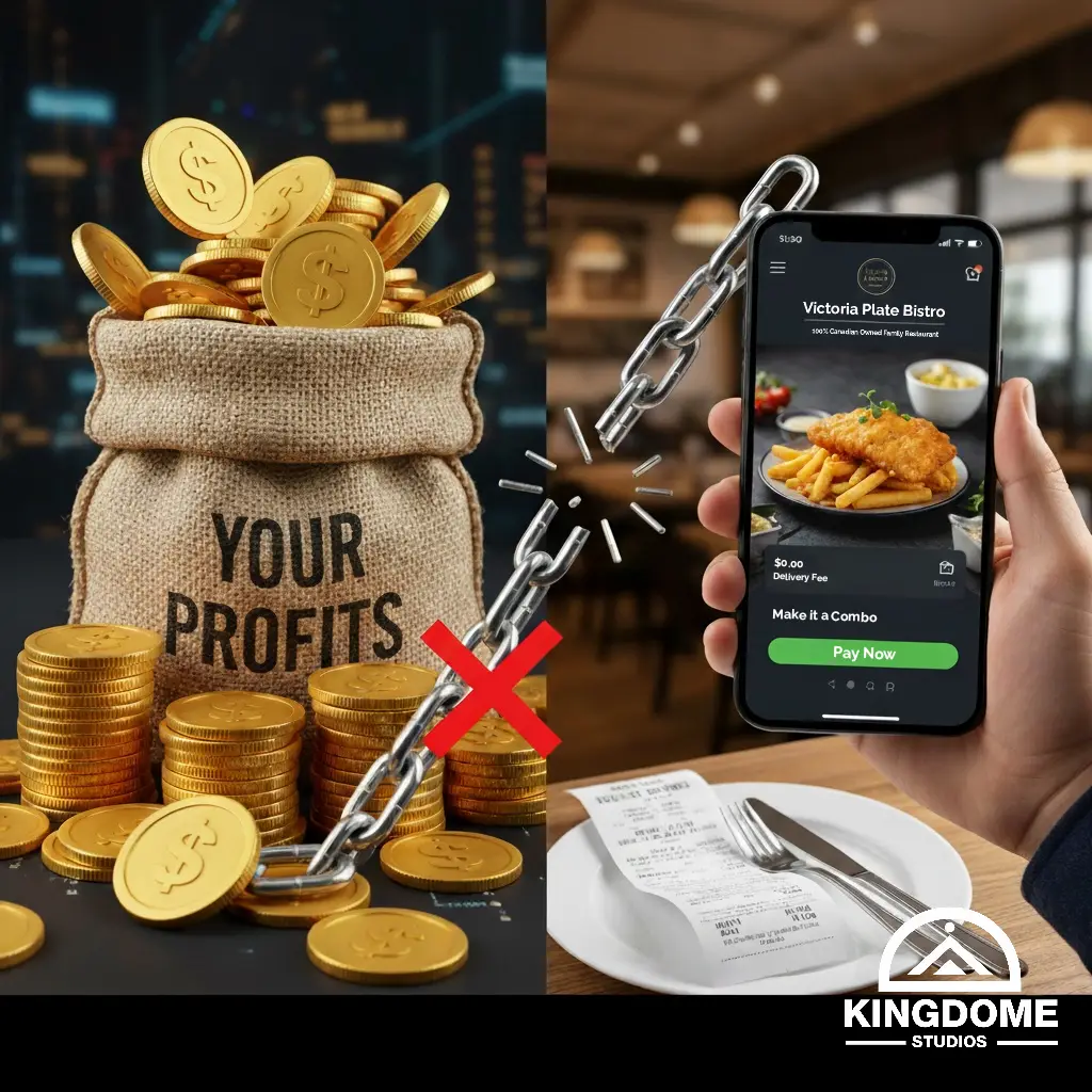 Best Restaurant Website Design in Victoria BC A money bag labeled 'Your Profits' and a broken chain, beside a hand holding a phone with a commission-free restaurant ordering app