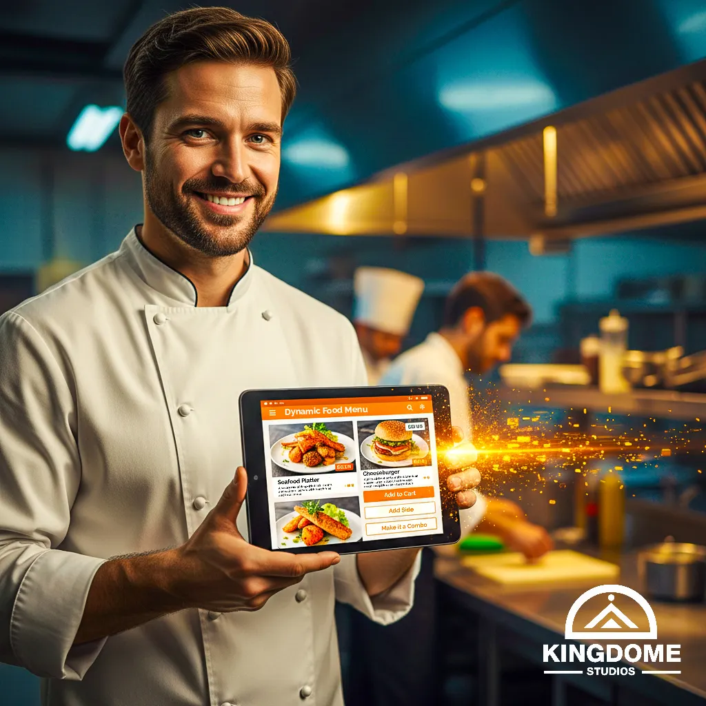 Best Restaurant Website Design in Victoria BC A smiling chef holds a tablet displaying a vibrant, dynamic digital food menu in a professional kitchen setting