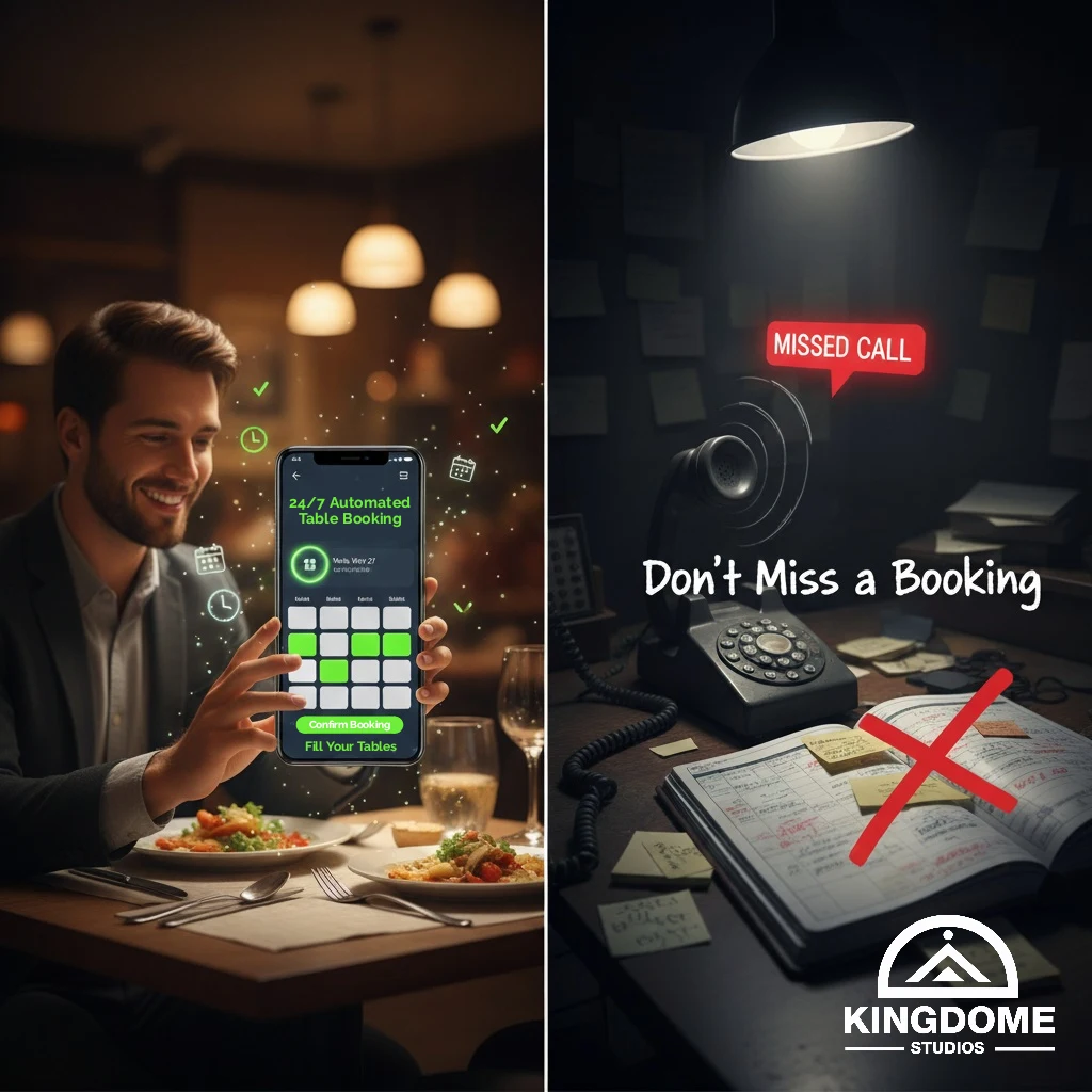 Best Restaurant Website Design in Victoria BC A split image showing automated table booking via phone on one side and a missed call on an old phoneplanner on the other