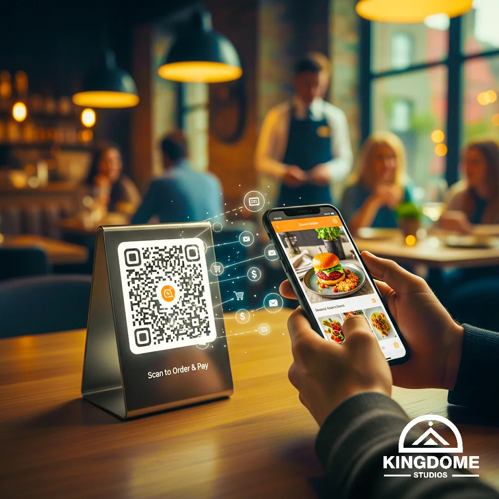 Best Restaurant Website Design in Victoria BC Hands hold a smartphone scanning a QR code on a table stand for seamless order and pay in a modern restaurant setting