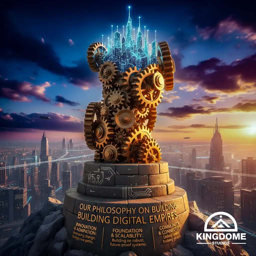 Best Website Design Company in Abbotsford BC monument interlocking gears form a glowing digital city atop a stone pedestal engraved with philosophy, overlooking a modern skyline at sunset