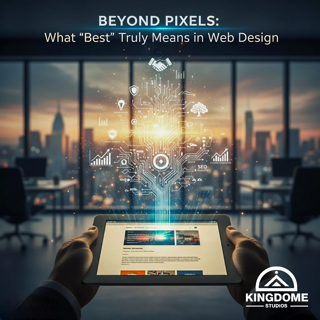 Best Website Design Company in Abbotsford BC tablet projecting a digital strategy tree (SEO, analytics) in an office. 'Beyond Pixels' concept by Kingdome Studios