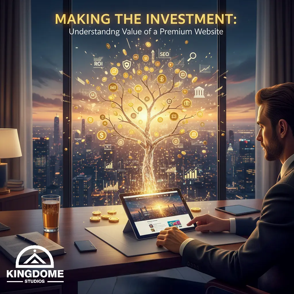 Best Website Design Company in Abbotsford BC visual Man at desk, tablet showing a money tree with ROI, SEO icons, city view at sunset, symbolizing premium website value