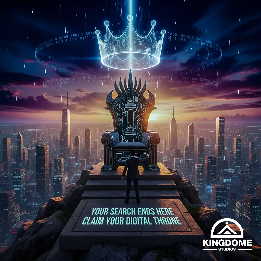 Best Website Design Company in Abbotsford BC visual Man before a circuit board throne & glowing digital crown over a city at sunset, text YOUR SEARCH ENDS HERE CLAIM YOUR DIGITAL THRONE