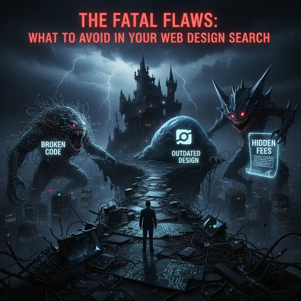 Best Website Design Company in Abbotsford BC warning Man facing Broken Code, Outdated Design, and Hidden Fees monsters, symbolizing web design flaws to avoid