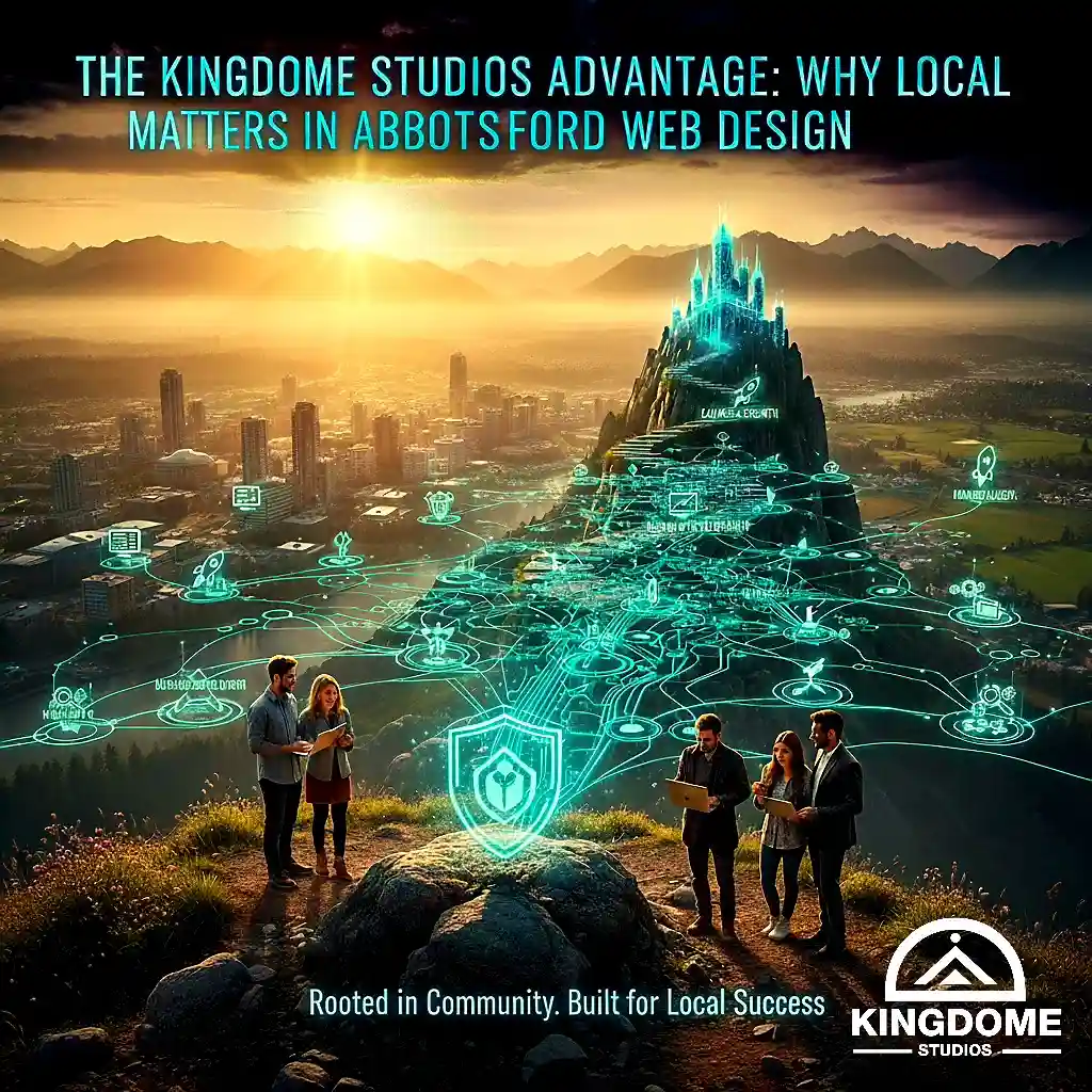 Best Website Design Company in Abbotsford BC. Kingdome Studios' local advantage shown as team overlooking city with glowing digital network, shield icon, and 'Rooted in Community' text.