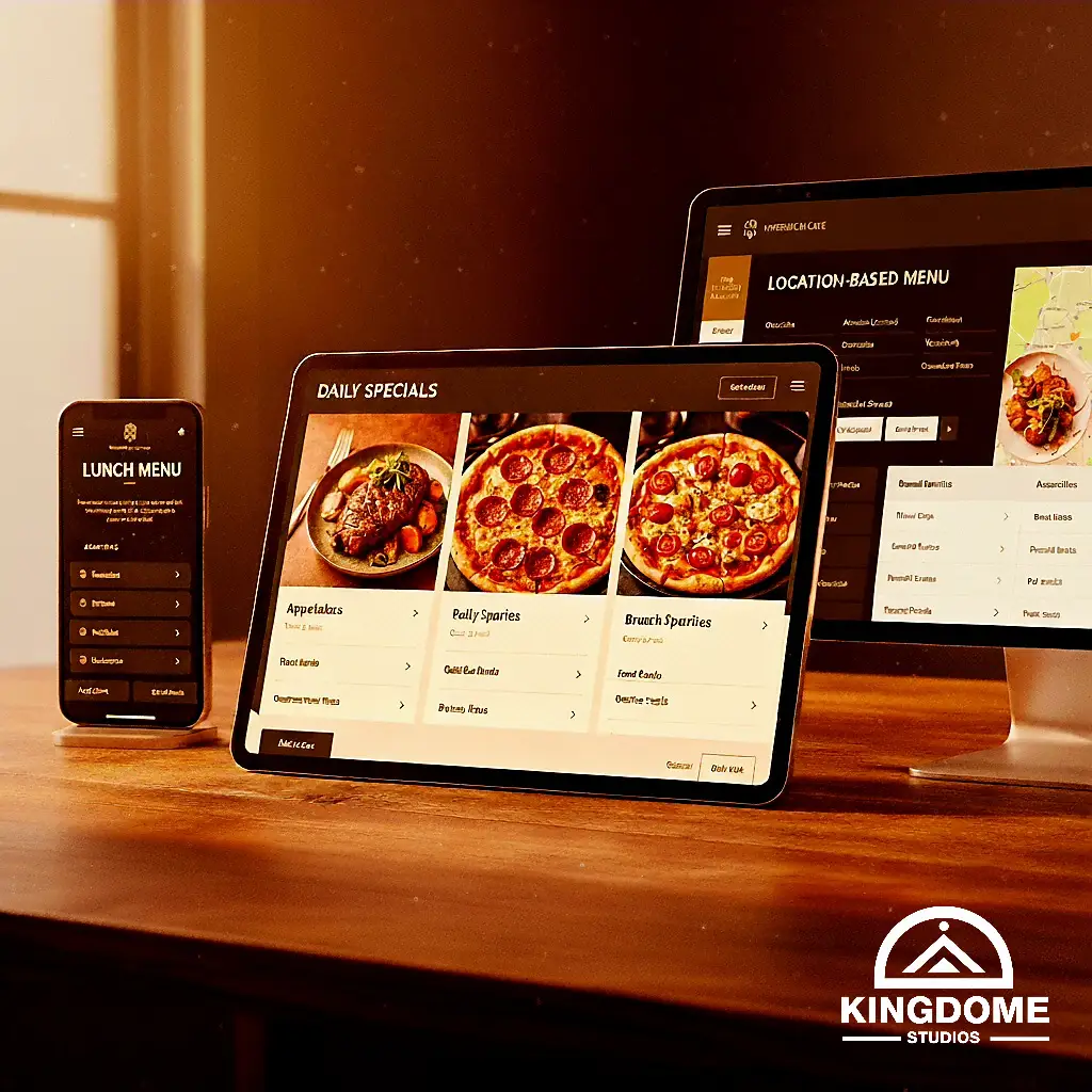Digital menu layouts for phone, tablet, and desktop, displaying daily specials and location-based options—a key feature of the best restaurant website design in Abbotsford