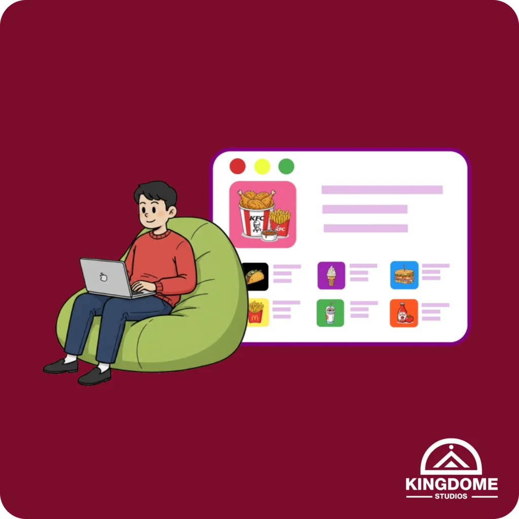 Illustration for Best Restaurant Website Design Kelowna, showing a customer on a laptop easily browsing a restaurant's online ordering menu, designed by Kingdome Studios