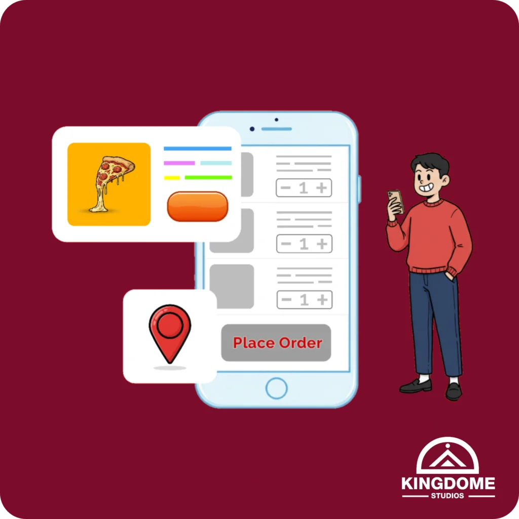 Illustration of a customer placing a mobile pizza order with location pin, showcasing streamlined Best Restaurant Website Design Kelowna for easy online food ordering