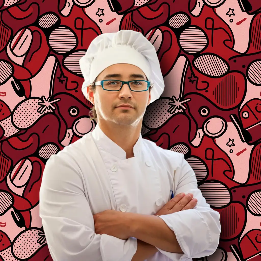 The Best Restaurant Website Design Kelowna A confident chef in a white uniform and toque, wearing glasses, stands arms crossed against a stylish red abstract background