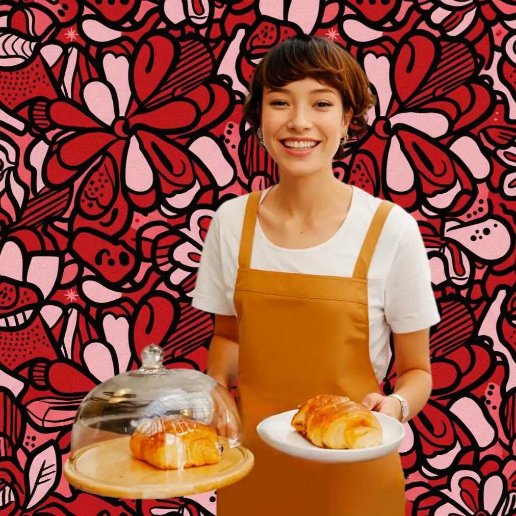 The Best Restaurant Website Design Kelowna A smiling baker in a tan apron holds fresh croissants in a cafe with a modern red and pink floral art background