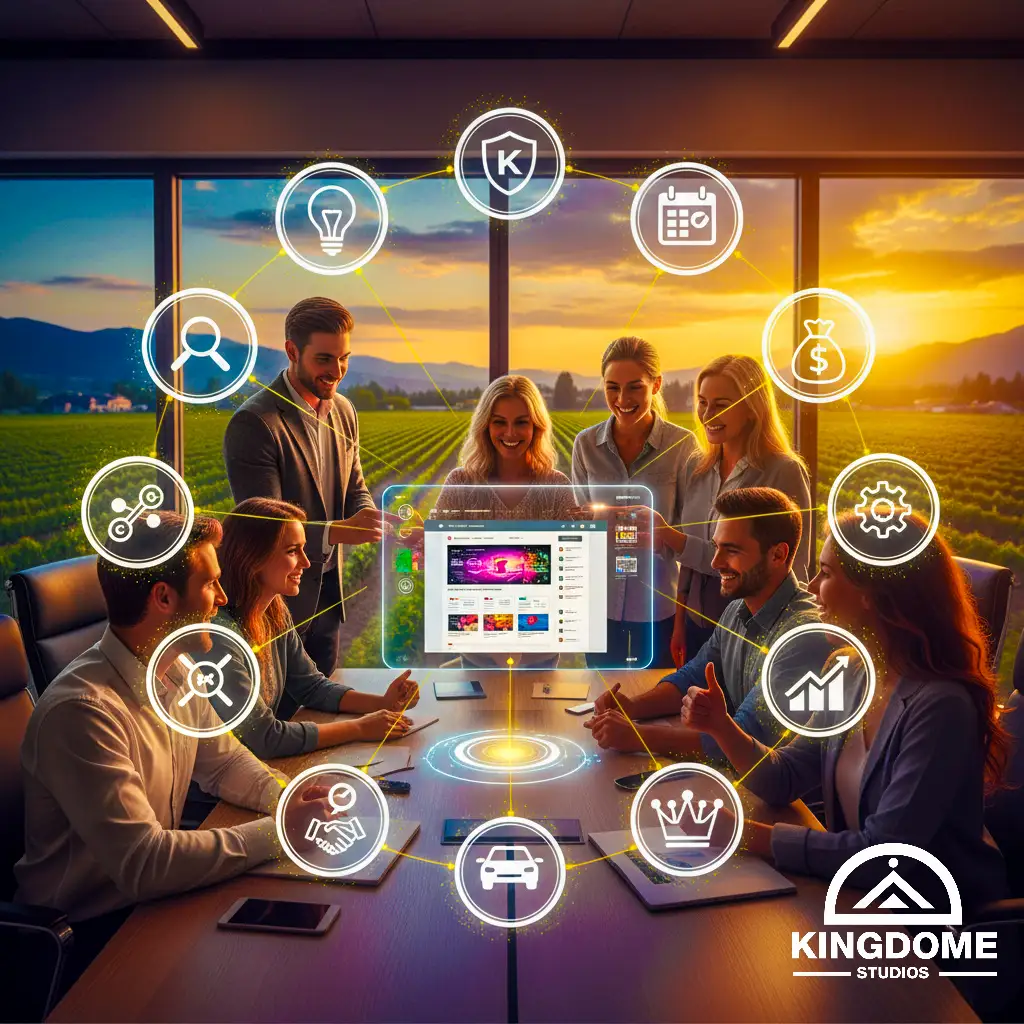 Website Design Company in Kelowna BC A diverse team collaborates around a glowing transparent screen displaying website designs and a circle of interconnected service icons