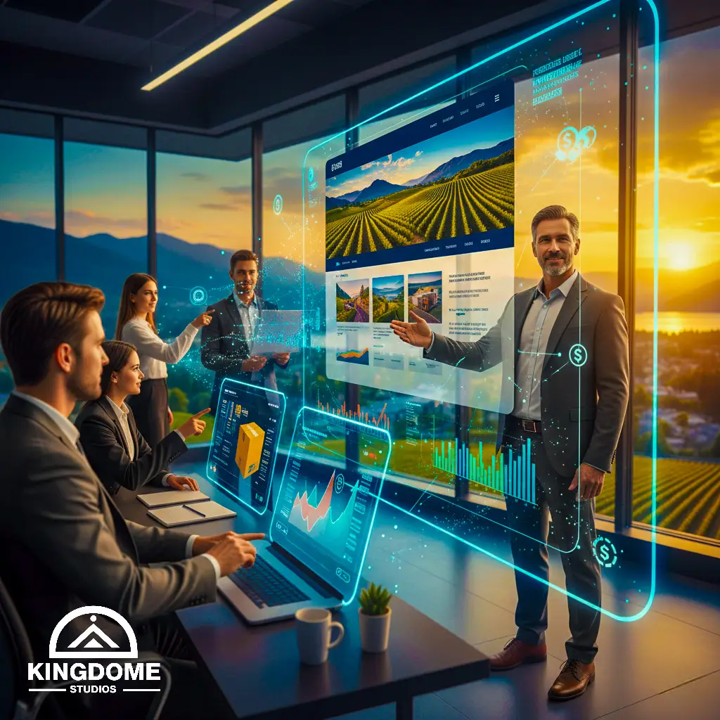 Website Design Company in Kelowna BC Business professionals in a modern office, with a vineyard view, reviewing a glowing digital screen displaying website analytics and design