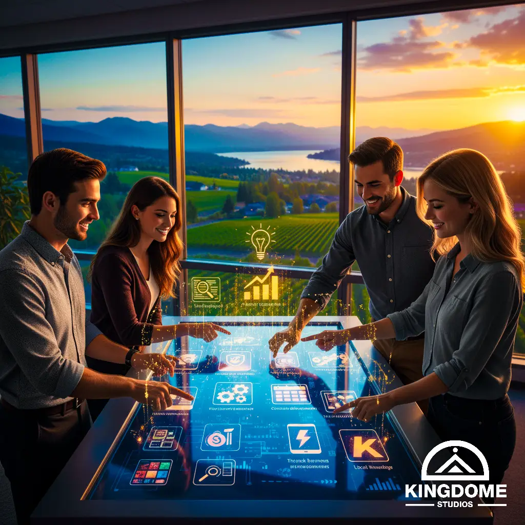 Website Design Company in Kelowna BC Four professionals collaborate around an interactive digital table, showcasing web design concepts and analytics with a scenic vineyard backdrop