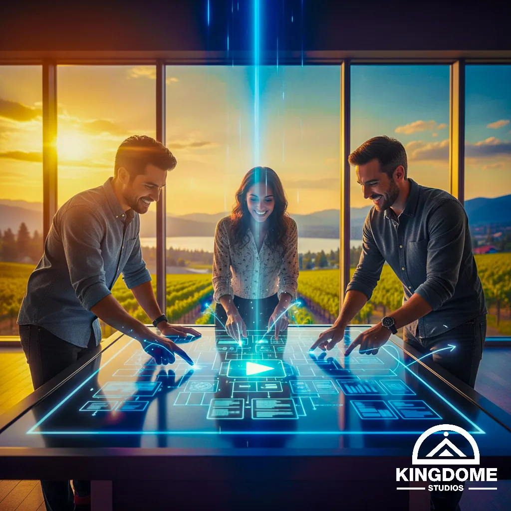 Website Design Company in Kelowna BC Three smiling professionals launch a project on an interactive digital table with a glowing blue interface, set against a sunset vineyard view