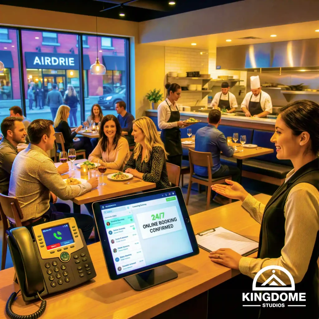 A hostess inside a busy Airdrie restaurant with a tablet showing a 24/7 online booking confirmation, powered by Kingdome Studios, the Best Restaurant Website Design Company in Airdrie Alberta