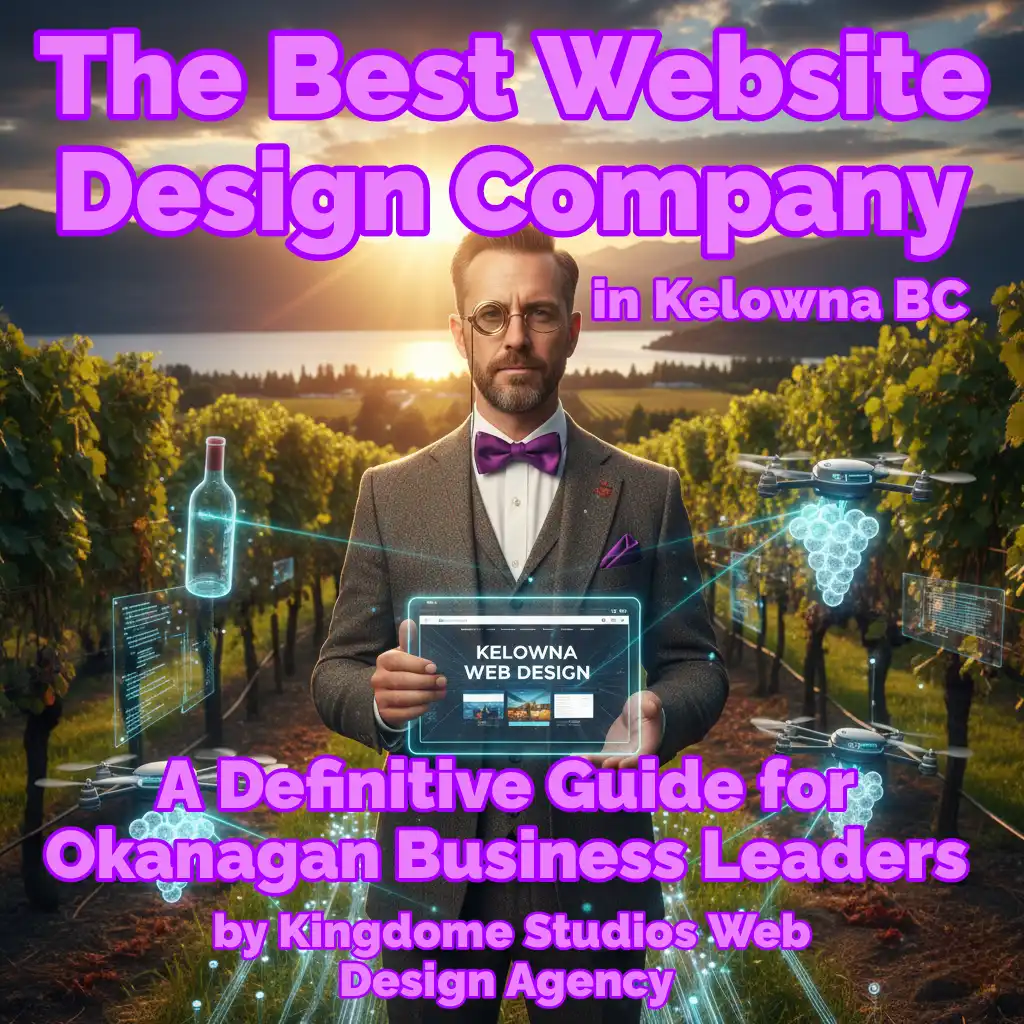 Best website design company in Kelowna: Professional man in vineyard with futuristic holographic drones and wine imagery, representing cutting-edge digital solutions