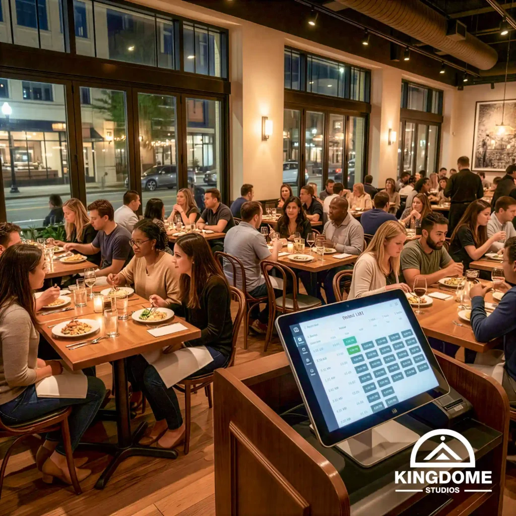 Busy dining room with host screen. The Best Restaurant Website Design Company in Chilliwack BC helps maximize seating with automated reservation systems