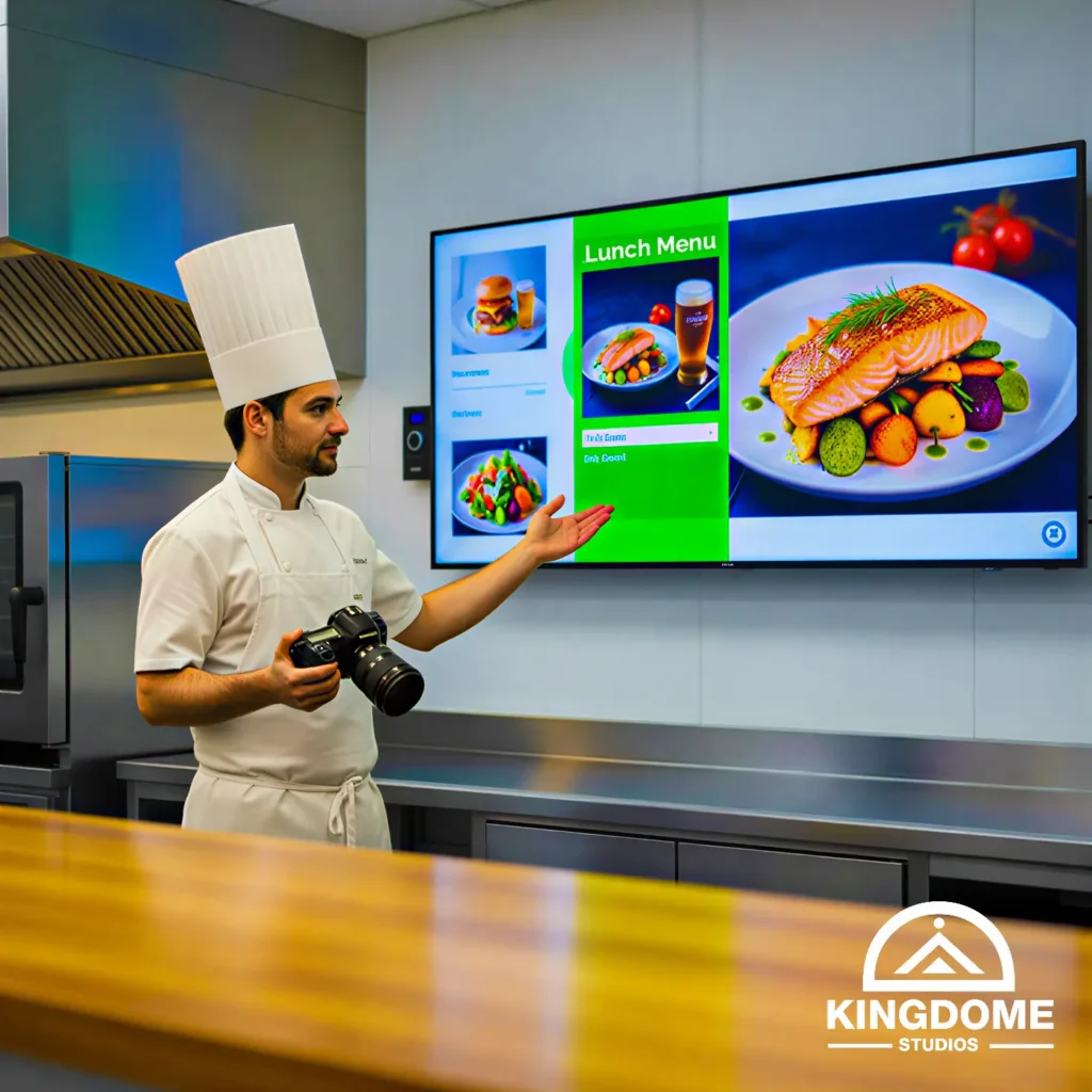 Professional Chef holding a camera in a stainless-steel commercial kitchen, pointing to a digital menu board displaying a lunch menu with a large image of salmon. Best Restaurant Website Design Company in Canada