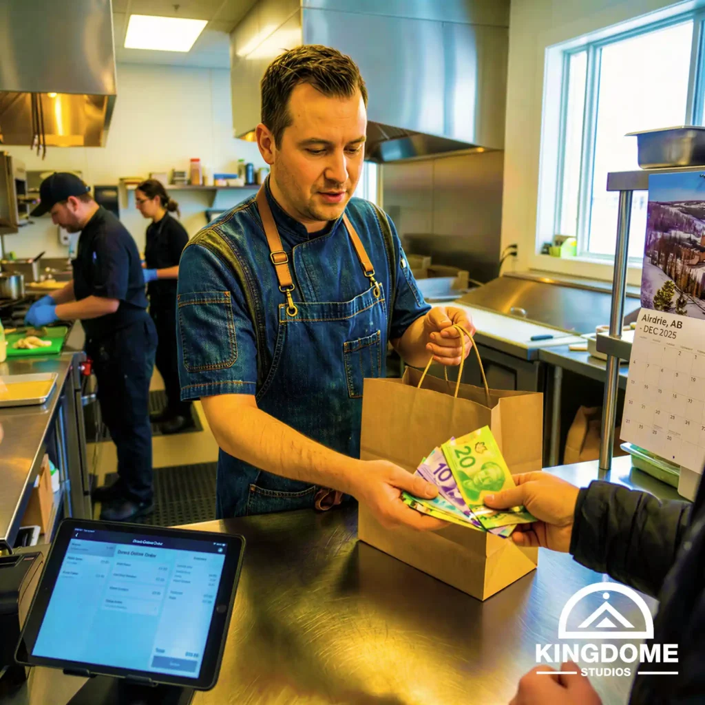 Chef in Airdrie hands takeout to a customer paying cash, with an online order screen, showing solutions from the Best Restaurant Website Design Company in Airdrie Alberta Canada